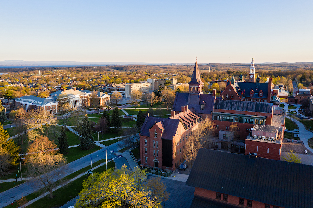 Aerial view of the University of Vermont campus at sunset
